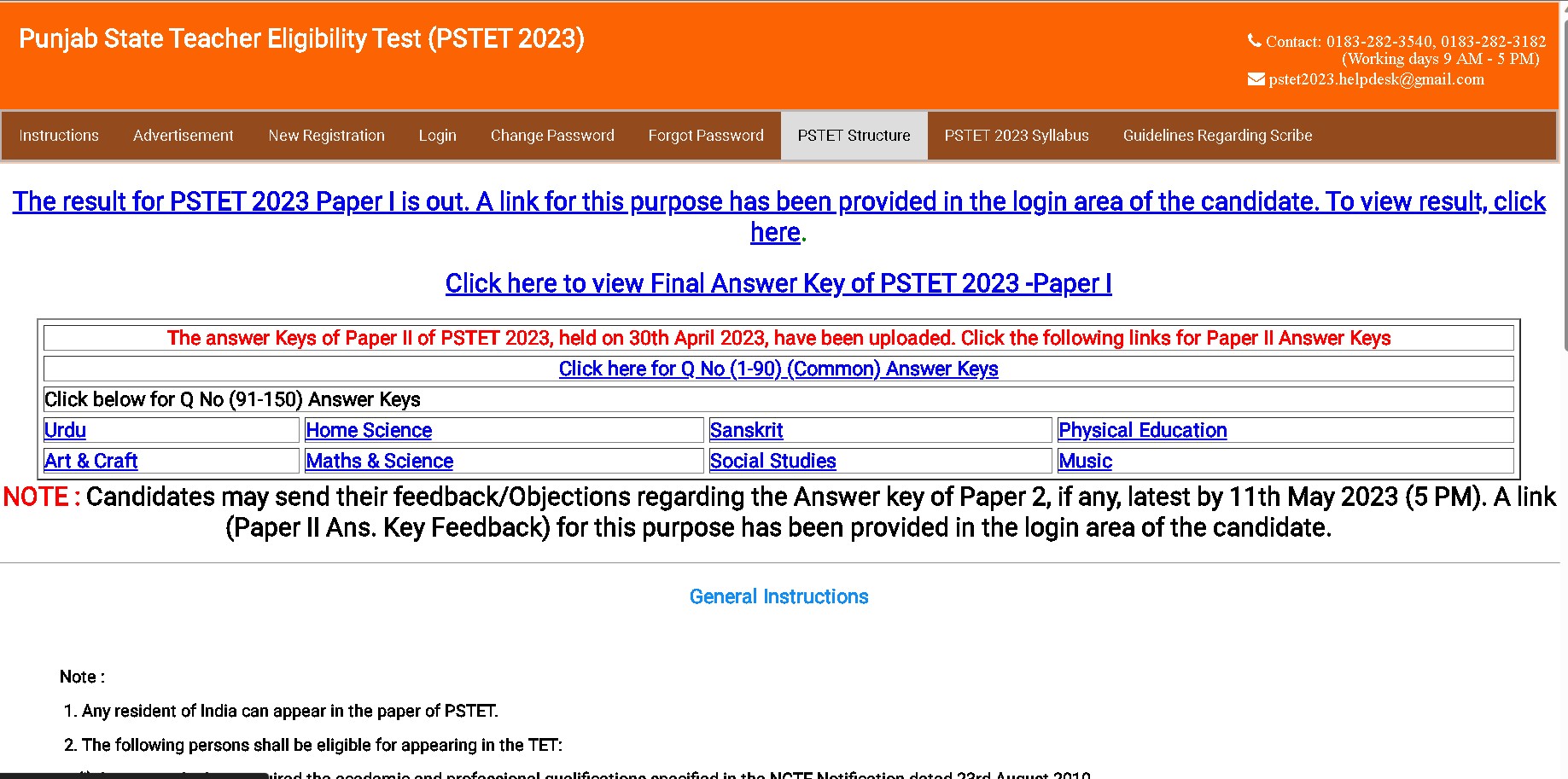 PSTET result download link 